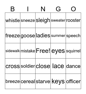S/Z  sound Bingo Card