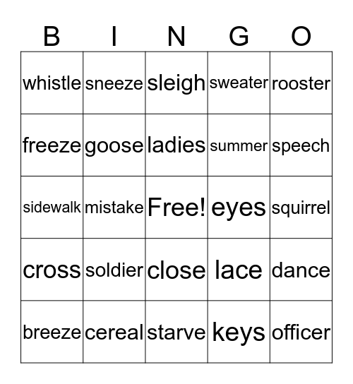 S/Z  sound Bingo Card