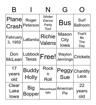 The Day the Music Died Bingo Card