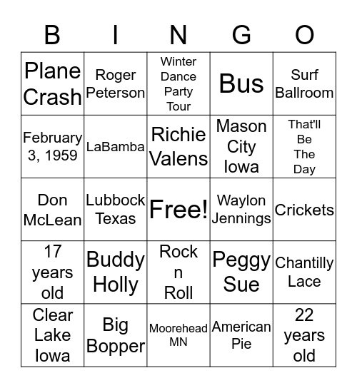 The Day the Music Died Bingo Card