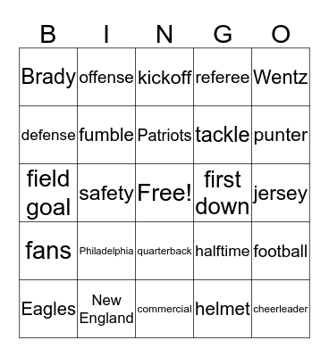 Super Bowl Sunday 2018 Bingo Card