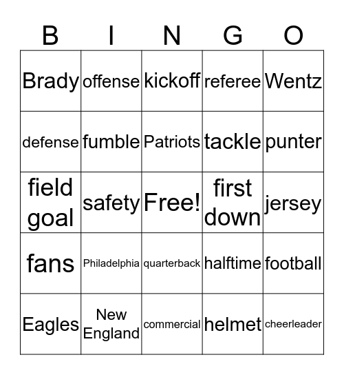 Super Bowl Sunday 2018 Bingo Card