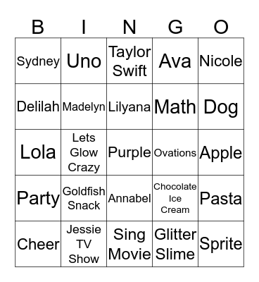 Madelyn's Favorite Things Bingo Card