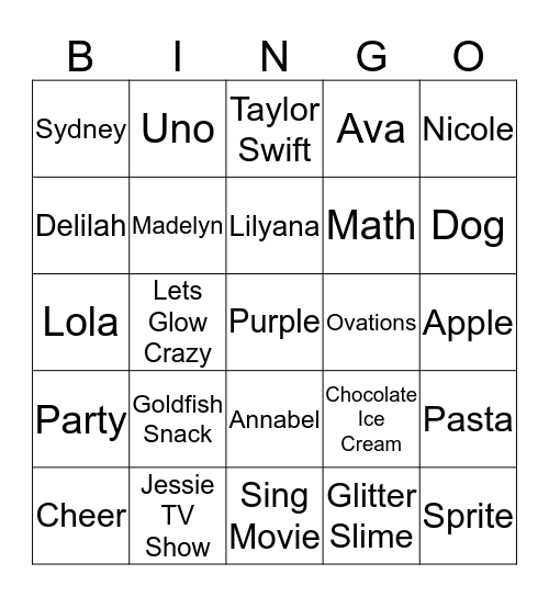 Madelyn's Favorite Things Bingo Card