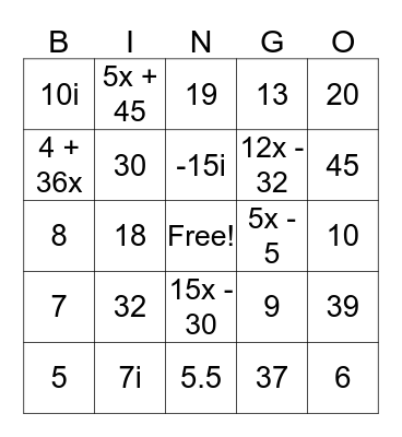 Algebra II  BINGO  Bingo Card