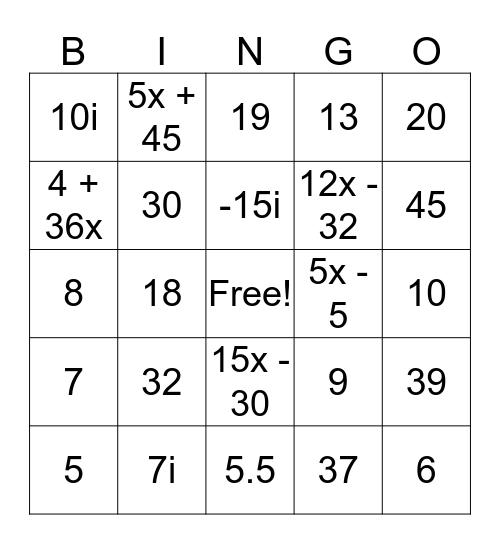 Algebra II  BINGO  Bingo Card