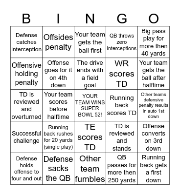 Super Bowl 52 Bingo Card