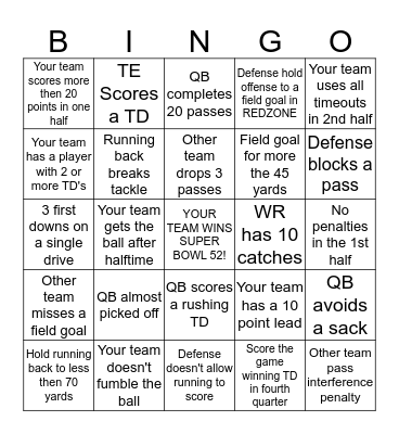 Super Bowl 52 Bingo Card