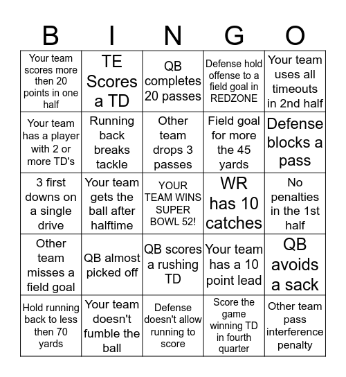 Super Bowl 52 Bingo Card