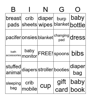 Jenna's Baby Shower Bingo Card