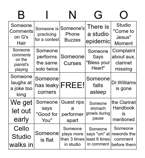 Studio Bingo Card
