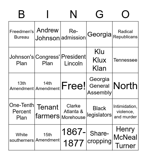 Reconstruction  Bingo Card