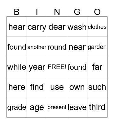 Sight Words Bingo Card