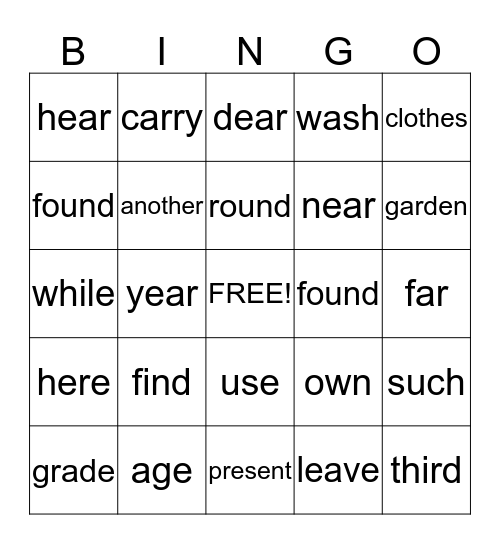 Sight Words Bingo Card