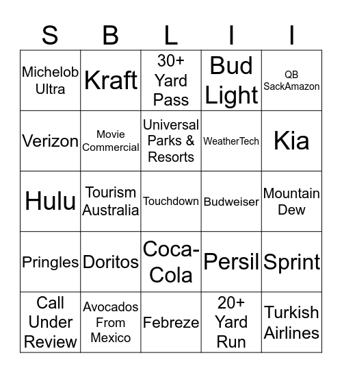 Super Bowl LII Bingo Card