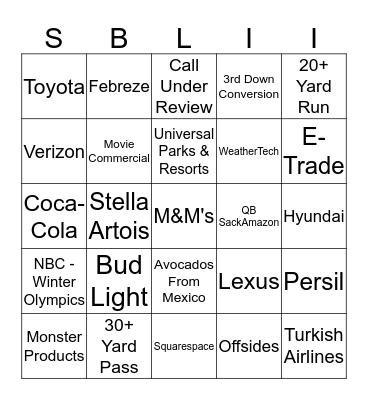 Super Bowl LII Bingo Card