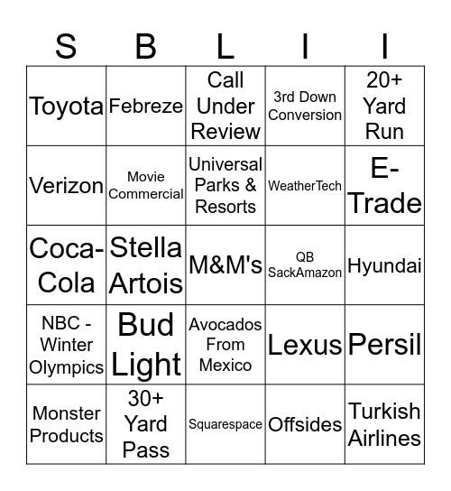 Super Bowl LII Bingo Card