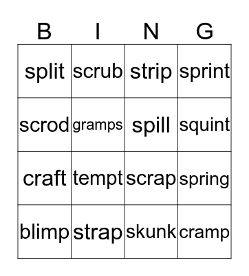 2+3-letter blends, closed syllable Bingo Card