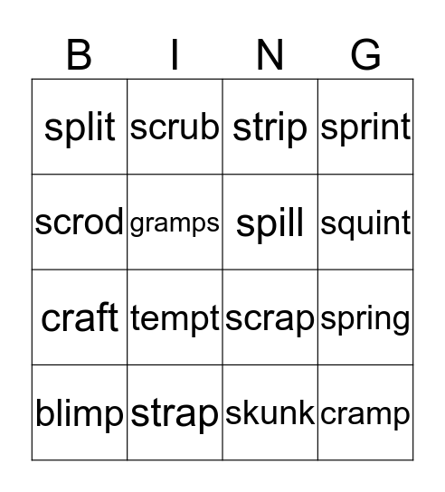 2+3-letter blends, closed syllable Bingo Card