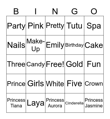 Emily and Laya's Princess Spa Party! Bingo Card