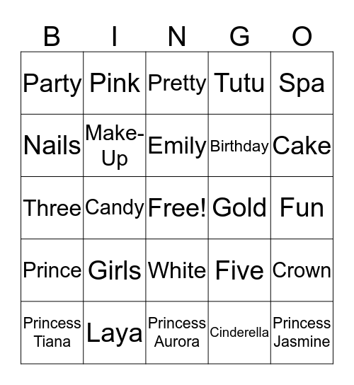 Emily and Laya's Princess Spa Party! Bingo Card