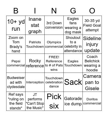 Super Bowl LII Bingo Card