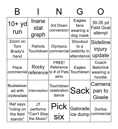 Super Bowl LII Bingo Card