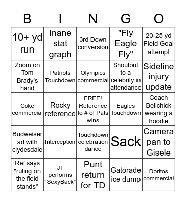 Super Bowl LII Bingo Card