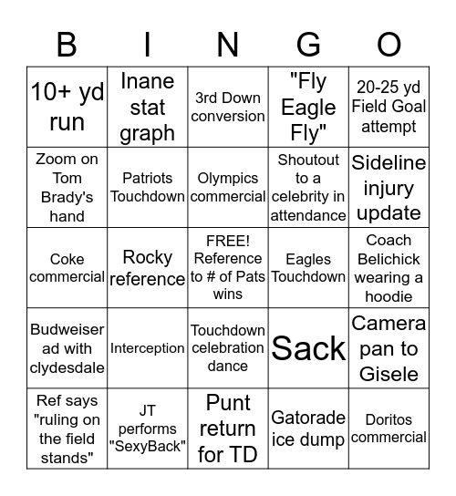 Super Bowl LII Bingo Card