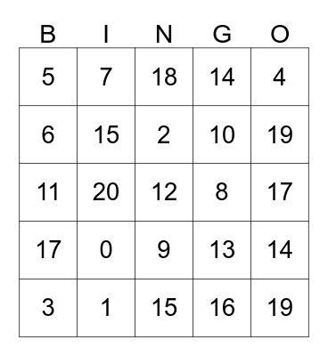 Numeros Bingo Card