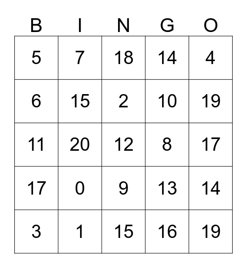 Numeros Bingo Card