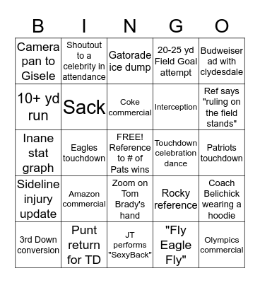 Super Bowl LII Bingo Card