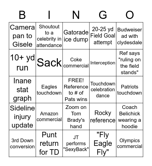 Super Bowl LII Bingo Card