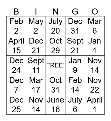 Important Dates Bingo Card