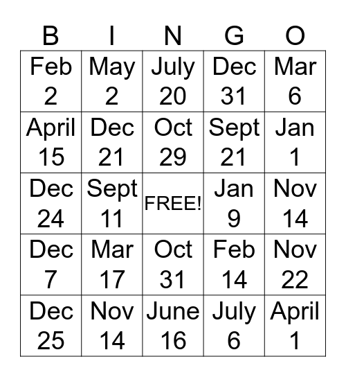 Important Dates Bingo Card