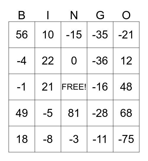 Integer Bingo Card