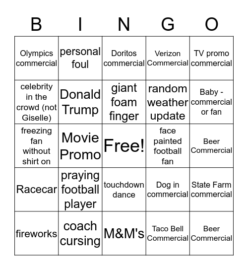 SuperBowl Bingo Card