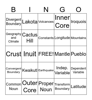 Vocabulary BINGO Card