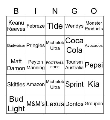 2018 Superbowl Commerical BINGO Card