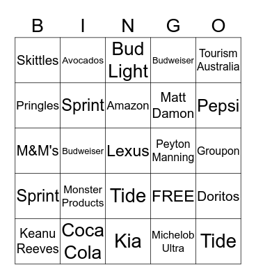 2018 Superbowl Commerical BINGO Card