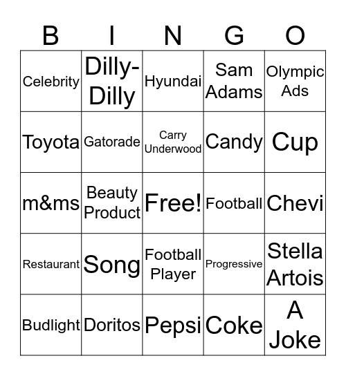 Superbowl Commercial Bingo Card