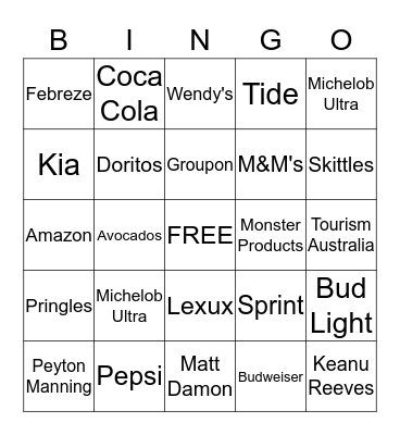 2018 Superbowl Commerical BINGO Card