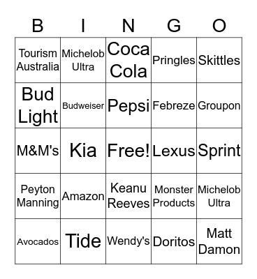 2018 Superbowl Commerical BINGO Card