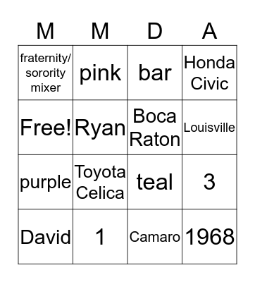 Marcia Bingo Card
