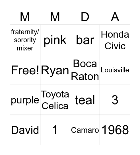 Marcia Bingo Card