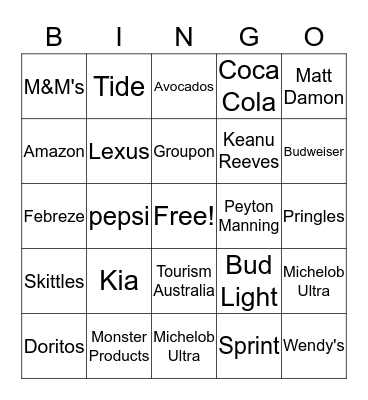 2018 Superbowl Commerical BINGO Card