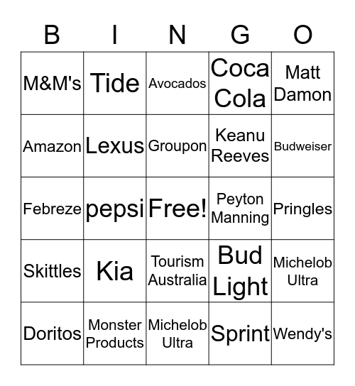 2018 Superbowl Commerical BINGO Card