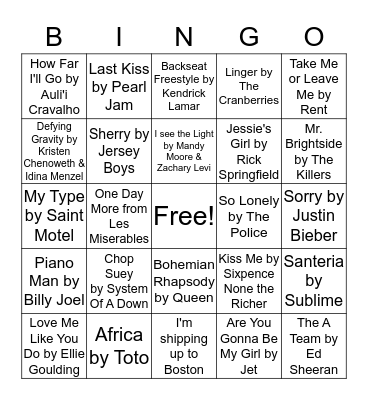 Musical Bingo Card