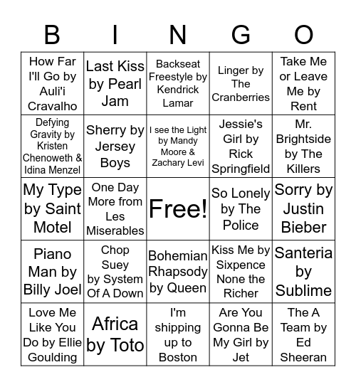 Musical Bingo Card