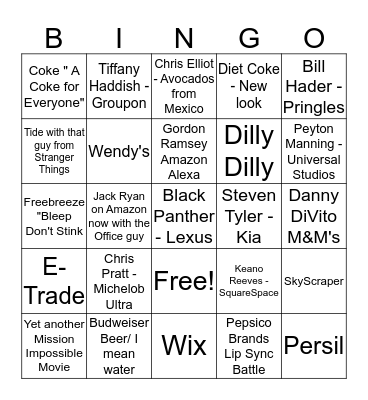 Super Bowl 2018 Bingo Card